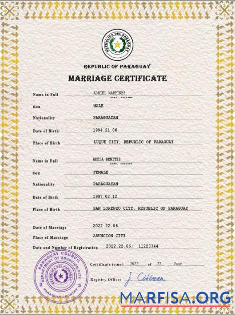 Blank Paraguay marriage certificate PSD template
